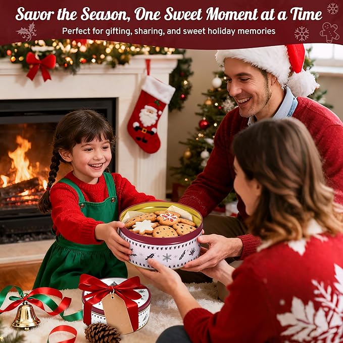 3 Pack Christmas Cookie Tins with 10 Baking Papers, Reusable Nesting Round Metal Cookie Containers with Airtight Lids for Treat Storage & Holiday Gift Giving (Large, Medium, Small)
