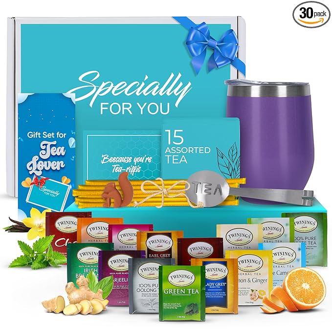 Modern Elegance Tea Gift Set, Includes 15 Teas, Stainless Steel Tumbler, Honey Straws, Tea Spoon Squeezer, Squirrel Tea Bag Holder (Purple)