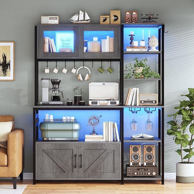 Itaar Bakers Rack with Power Outlet and LED Light, 45.3 Inch Farmhouse Coffee Bar Cabinet, Kitchen Microwave Stand with Storage, Glass Cabinet, Goblet Holder and 8 Hooks (Grey)