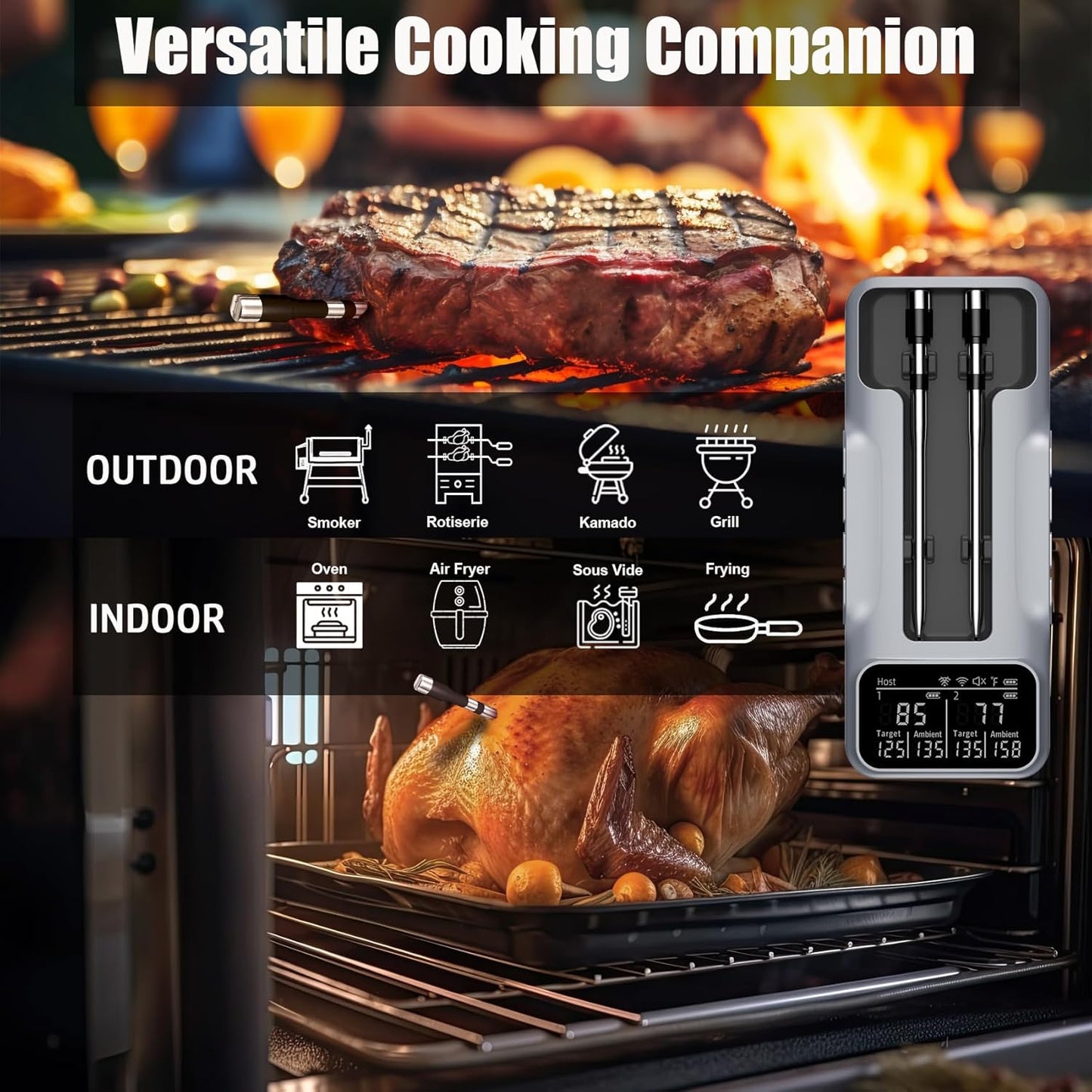 Dual-Probe Wireless Meat Thermometer for Grilling, Smoking, BBQ - Bluetooth Enabled Smart Grill Thermometer with 2 Probes, Digital Food Thermometer, 800ft Long Range,Cooking Thermometer for BBQ/Grill