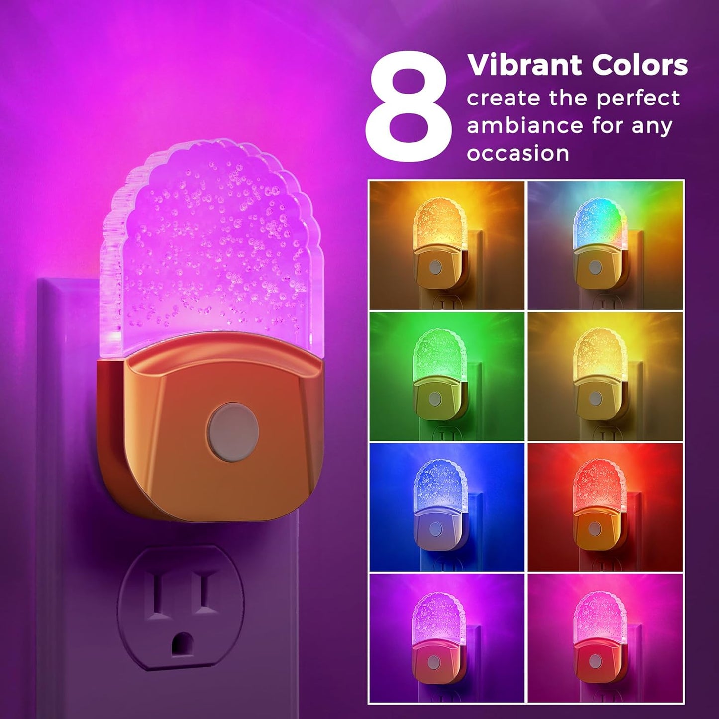 Night Lights Plug into Wall, 2 Pack, Night Light Color Changing, LED Acrylic 8 Colors RGB, Gold Cover Nightlight for Kids,Bathroom, Dusk to Dawn Sensor, Warm White 3000K for Bedroom, Hallway