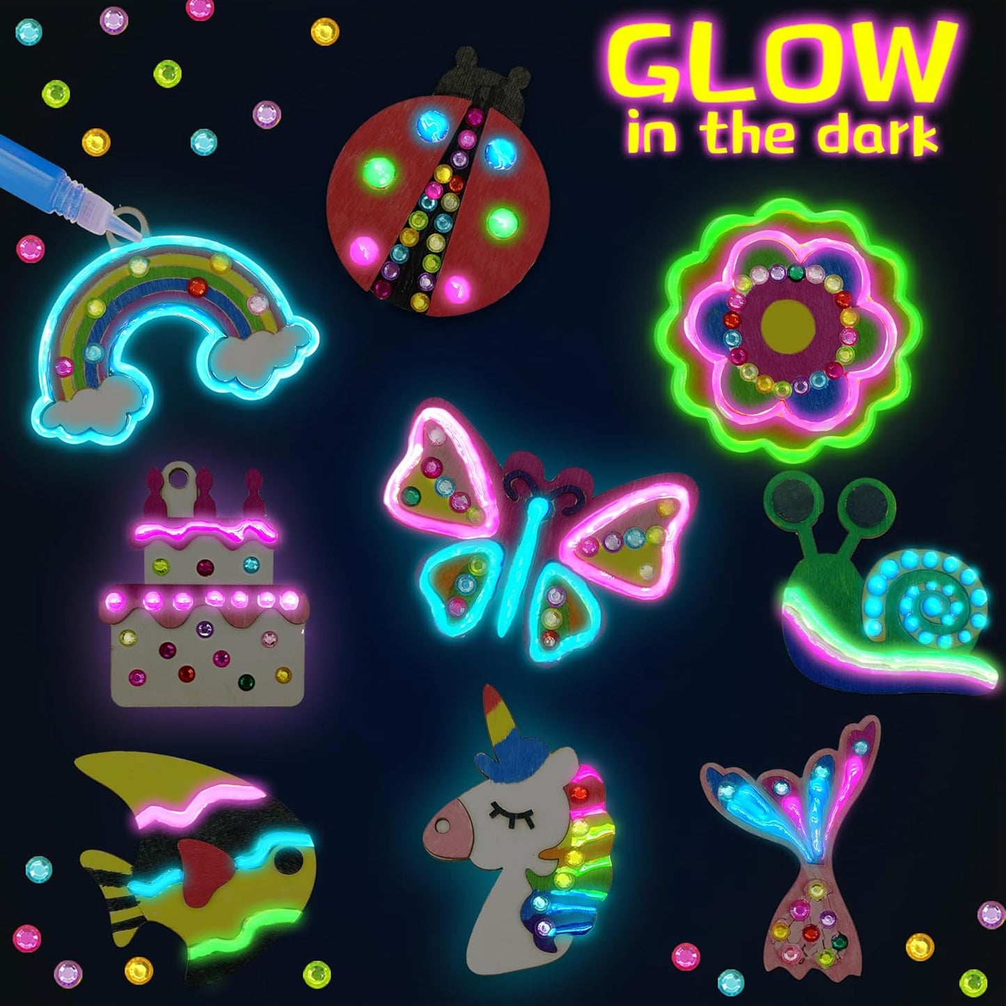 Wooden Magnets Painting Kit - Glow in The Dark - Arts & Crafts Supplies Painting Kit for Kids 4-8 8-12 - Family Crafts and Birthday Christmas Activities, Party Favors for Boys Girls Ages 4 5 6 7 8 9