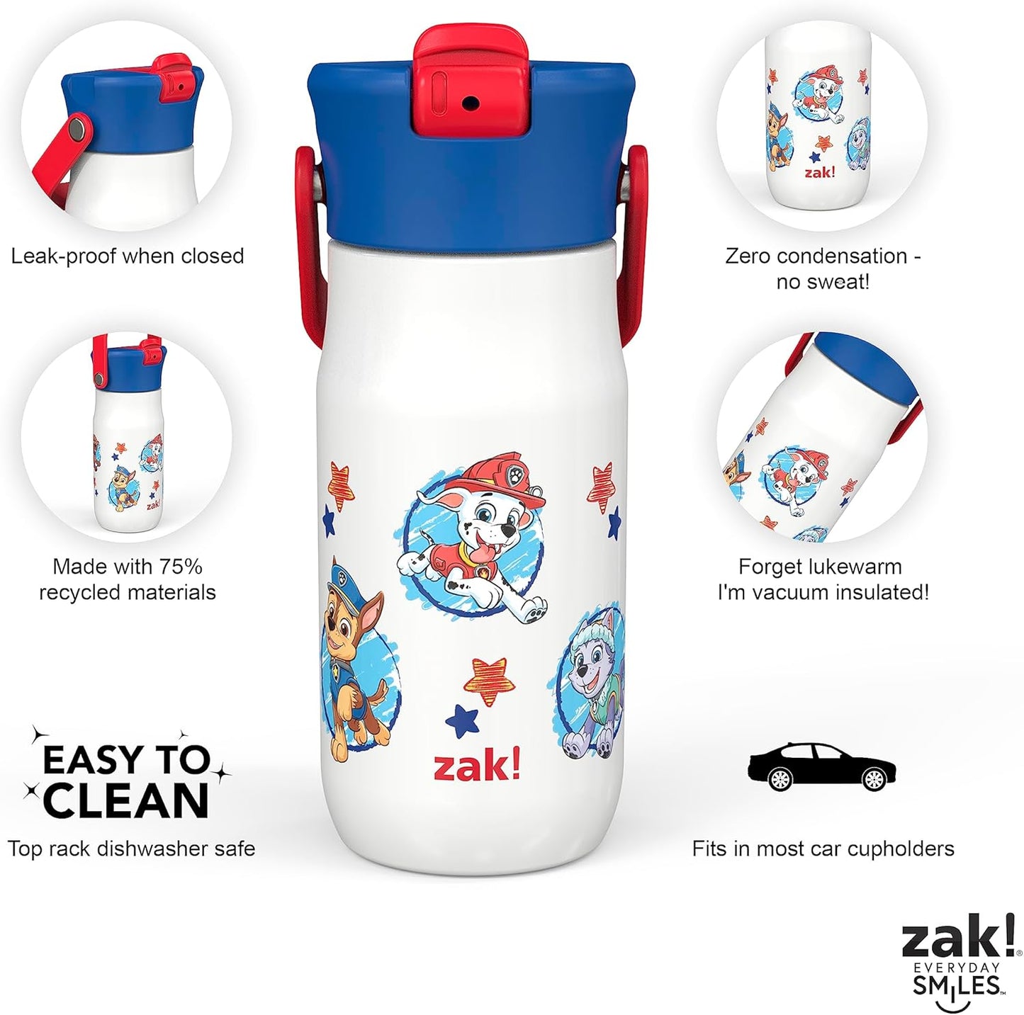 Zak Designs Harmony PAW Patrol Kid Water Bottle for Travel or At Home, 14oz Recycled Stainless Steel is Leak-Proof When Closed and Vacuum Insulated (Chase, Marshall, Skye, Rubble, Everest, Zuma)
