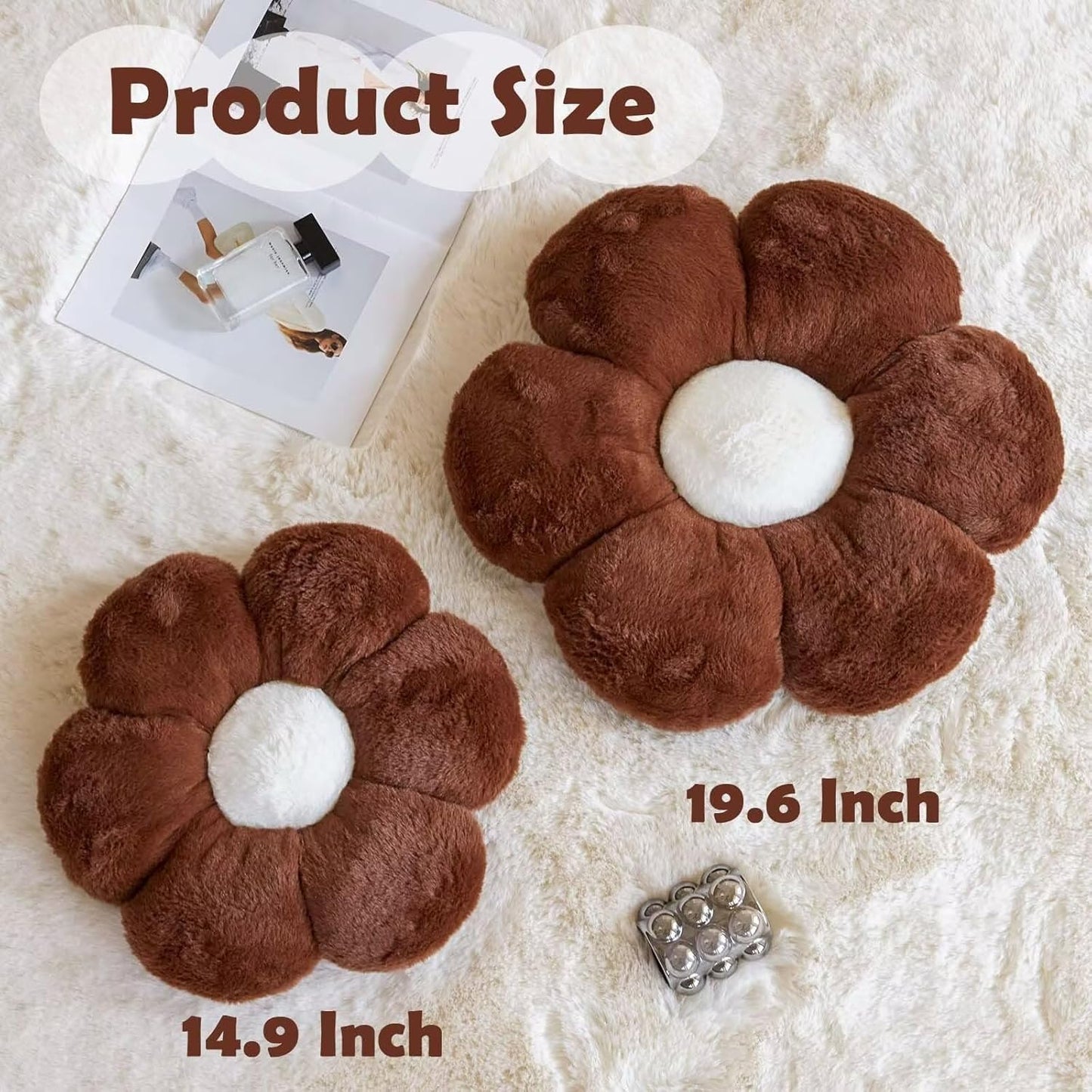 Brown Flower Plus Plush Throw Pillow with Faux Rabbit Fur, 19.6" Soft Decorative Flower-Shaped Floor Pillow for Bedroom Living Room