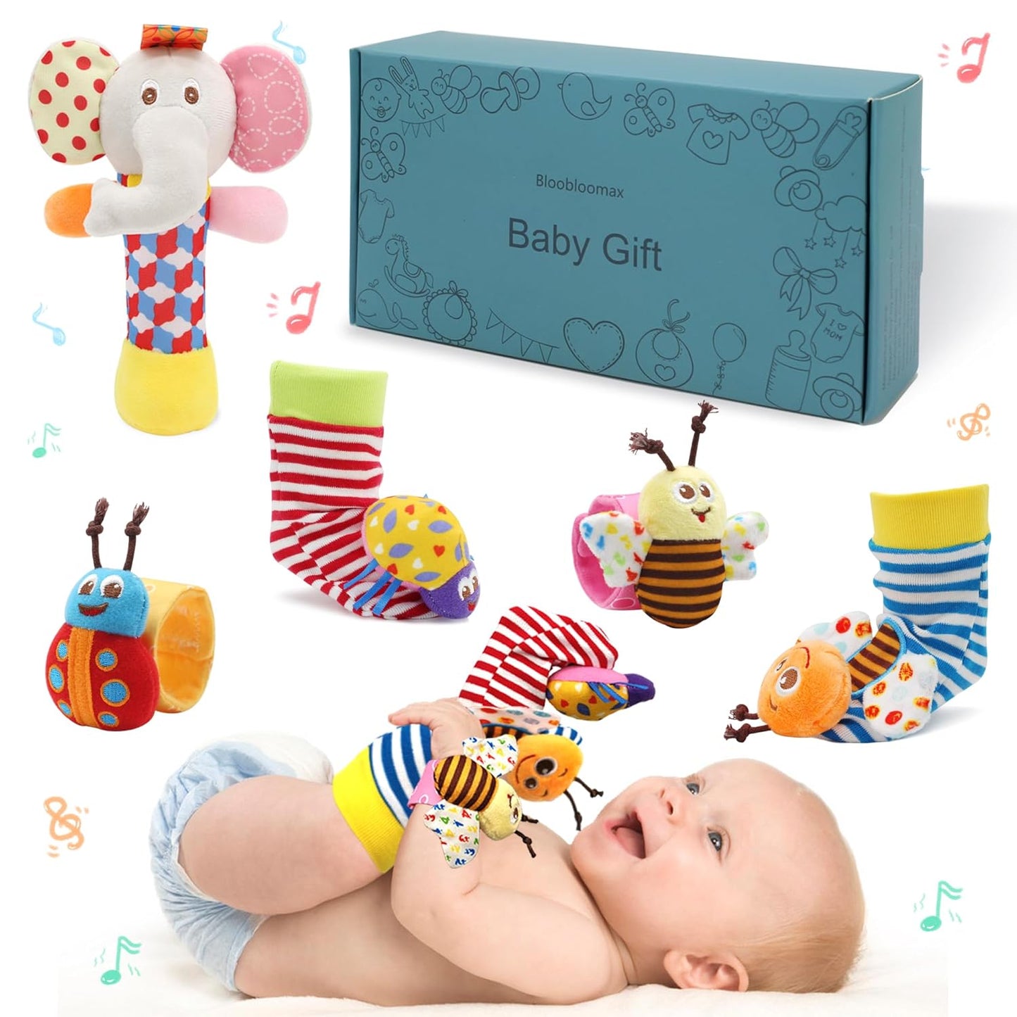 Wrist Rattles Foot Finder Rattle Toy for 3-6 Months Baby, Feet Leg Ankle Socks Arm Hand Bracelet Shaker for 6-9 Months Infant boy & Girl, Gift Set for 0-2 Years Newborn Babies (5 pcs-C)