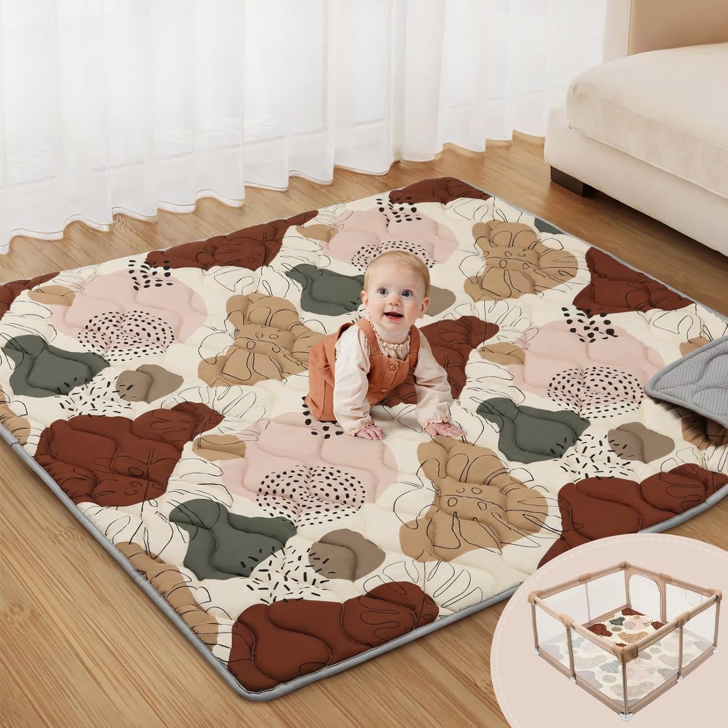 Blissful Diary Baby Play Mats for Floor, 59x59 Inch Thicker and Larger Soft Cushioning Foam Playmats for Babies and Toddlers, Foldable Washable Baby Playpen Mat, Boho Design