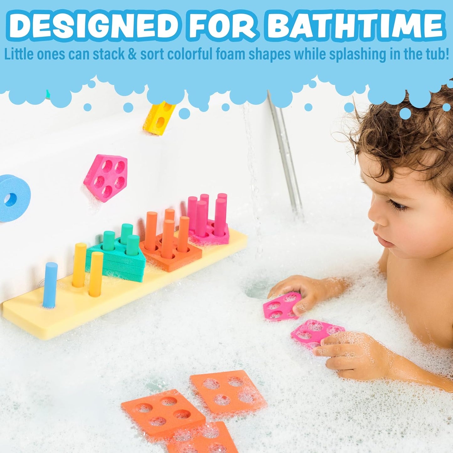Tub Works® Splash, Stack & Sort™ Shape Sorter & Stacking Toddler Bath Toy | 20 Foam Pieces | Color Sorting & Shape Stacking Kids Bath Toys | Floats & Sticks to Tub Walls | Early Learning Bathtub Toys