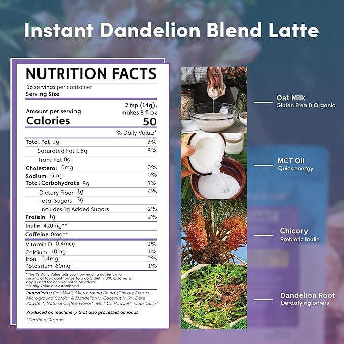 Teeccino Organic Instant Dandelion Herbal Latte – 14 Servings – Creamy Oat & Coconut Latte with a Blend of Roasted Chicory & Dandelion Roots – Gluten-free, Prebiotic, Caffeine-Free – 7.9 ounces