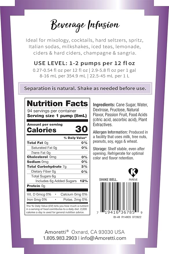 Amoretti - Passion Fruit Beverage Infusion Drink Mix & Water Enhancer with Pump for Flavoring Cocktails, Waters, Tea, and other Beverages, 94 Servings Per Bottle (750 ml), Preservative Free