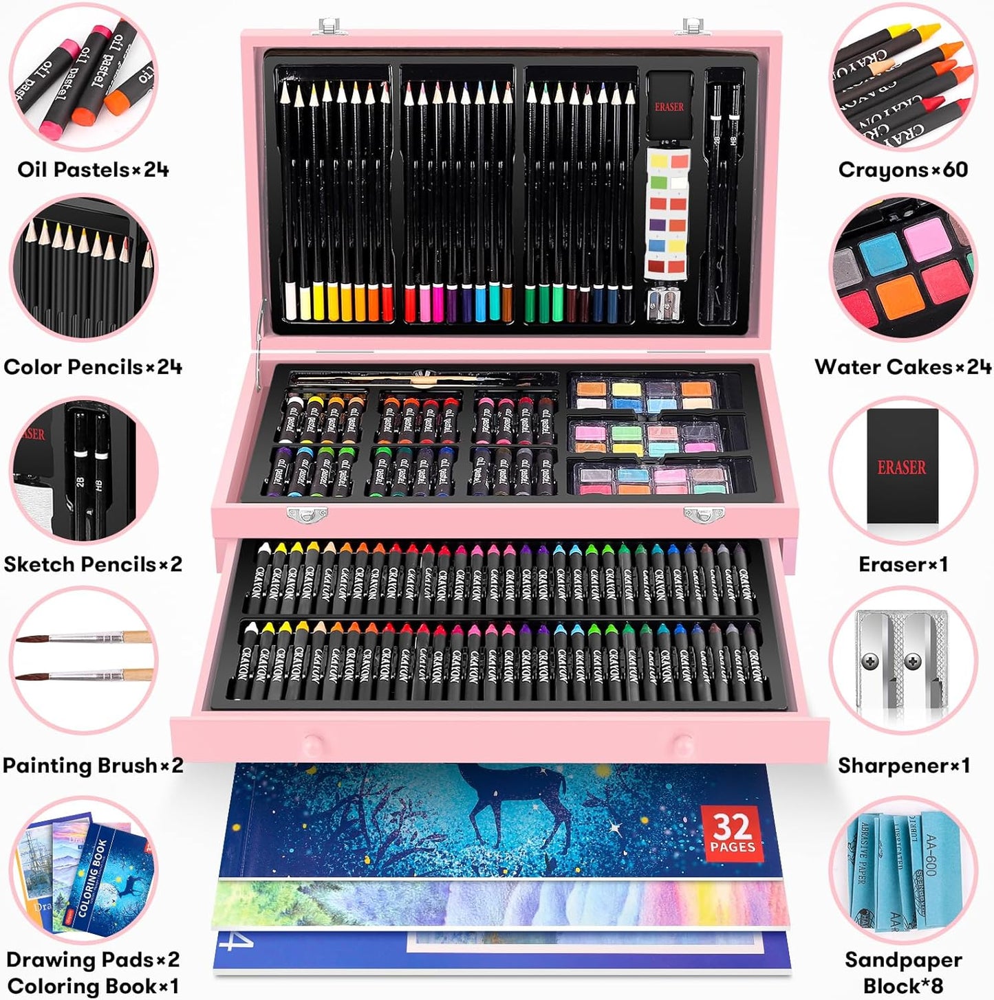 iBayam Arts and Crafts Gifts for Kids 6-14 Year, Teens Girls Christmas Gifts, 150-Pack Art Set Kits with 2 Sketch Pads, Coloring Book, 24 Colored Pencils, 24 Oil Pastels, 24 Watercolor, 60 Crayons