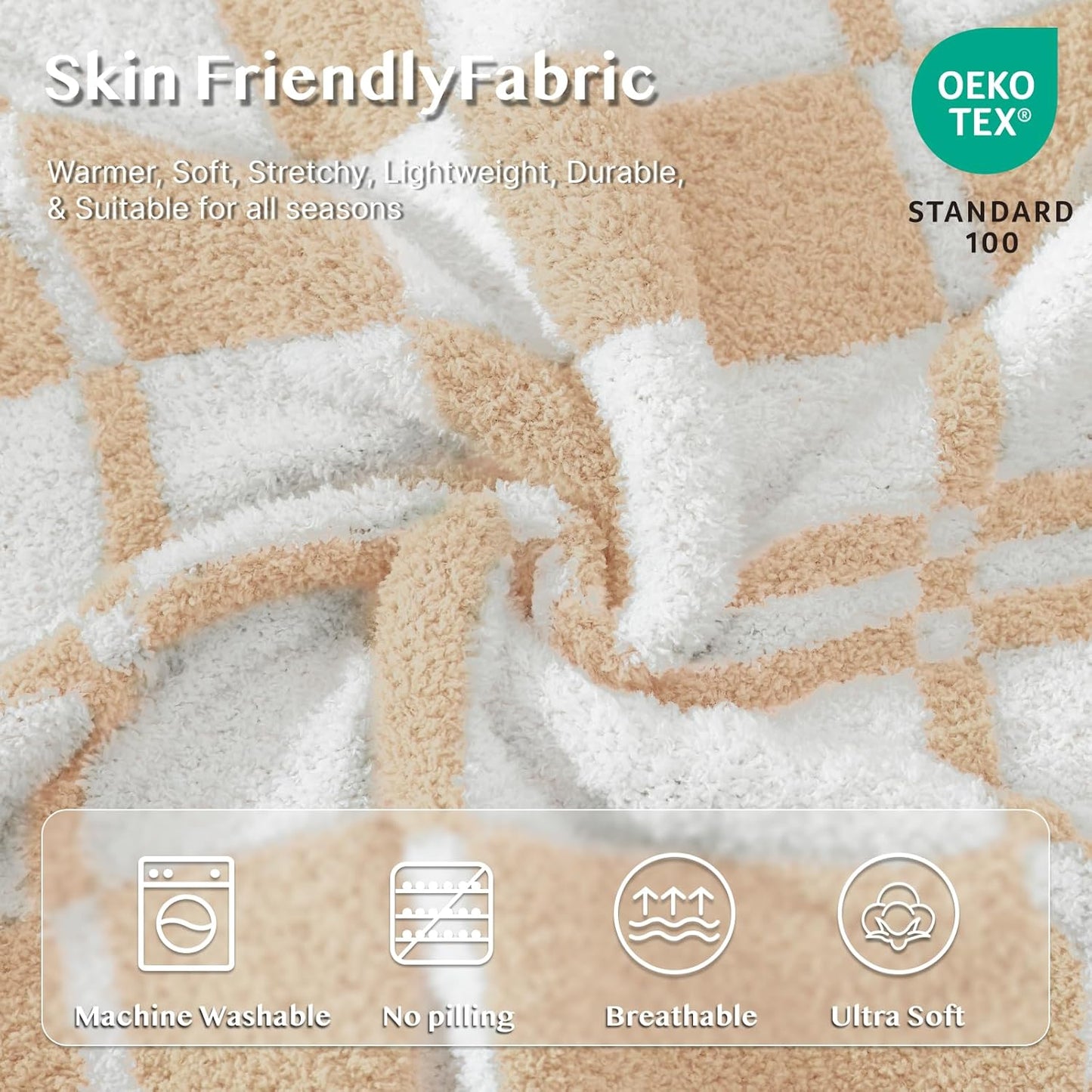 WRENSONGE Checkered Throw Blanket, Toast Almond Soft Cozy Fluffy Warm Hand Made Throw Blankets for Couch, Sofa, Chair, Bed, Camping, Picnic, Travel Lightweight Bed Blanket - 50"*60"