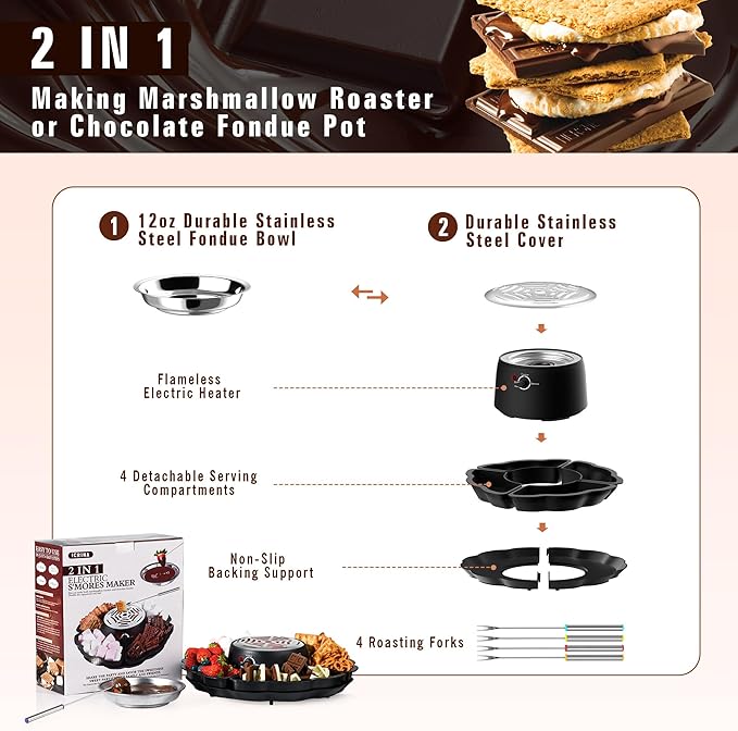 2 In 1 Smores Maker & Fondue Set, Tabletop Indoor Smores Kit, Marshmallow Roaster with Temp Control, 4 Detachable Trays & 4 Roasting Forks and 1 Heated Bowl, Movie Night Supplies & Housewarming Gifts