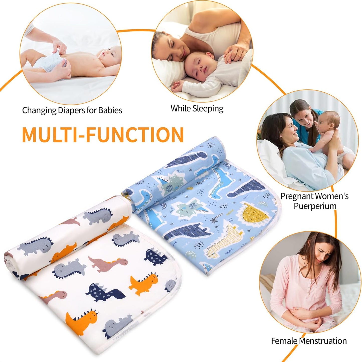 2Pcs Diaper Changing Pads for Baby, Dinosaur Change Mat, 3Layers Waterproof Change Pad Foldable Absorbent Mats for Women, Reusable Incontinence Underpads for Patient 24''x30'' (Colorful Dinosaur)