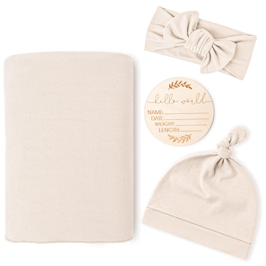 Konssy Baby Girl Newborn Receiving Blanket with Matching Headband and Beanie Set Baby Swaddle Nursery Swaddle Wrap