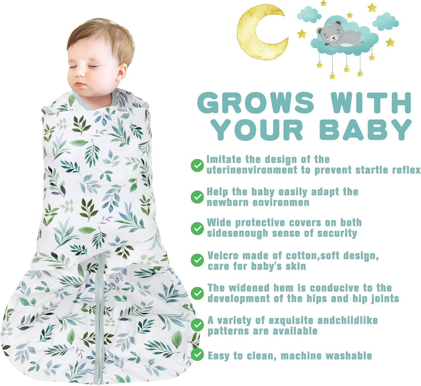 Newborn Sleep Sack Baby Swaddle,Swaddle me 3-6 Month,3-Way Adjustable Wearable Blanket,100% Rayon Cotton Swaddling Sleeping Bag，TOG 0.5 (Leaf, 3-6 Months)