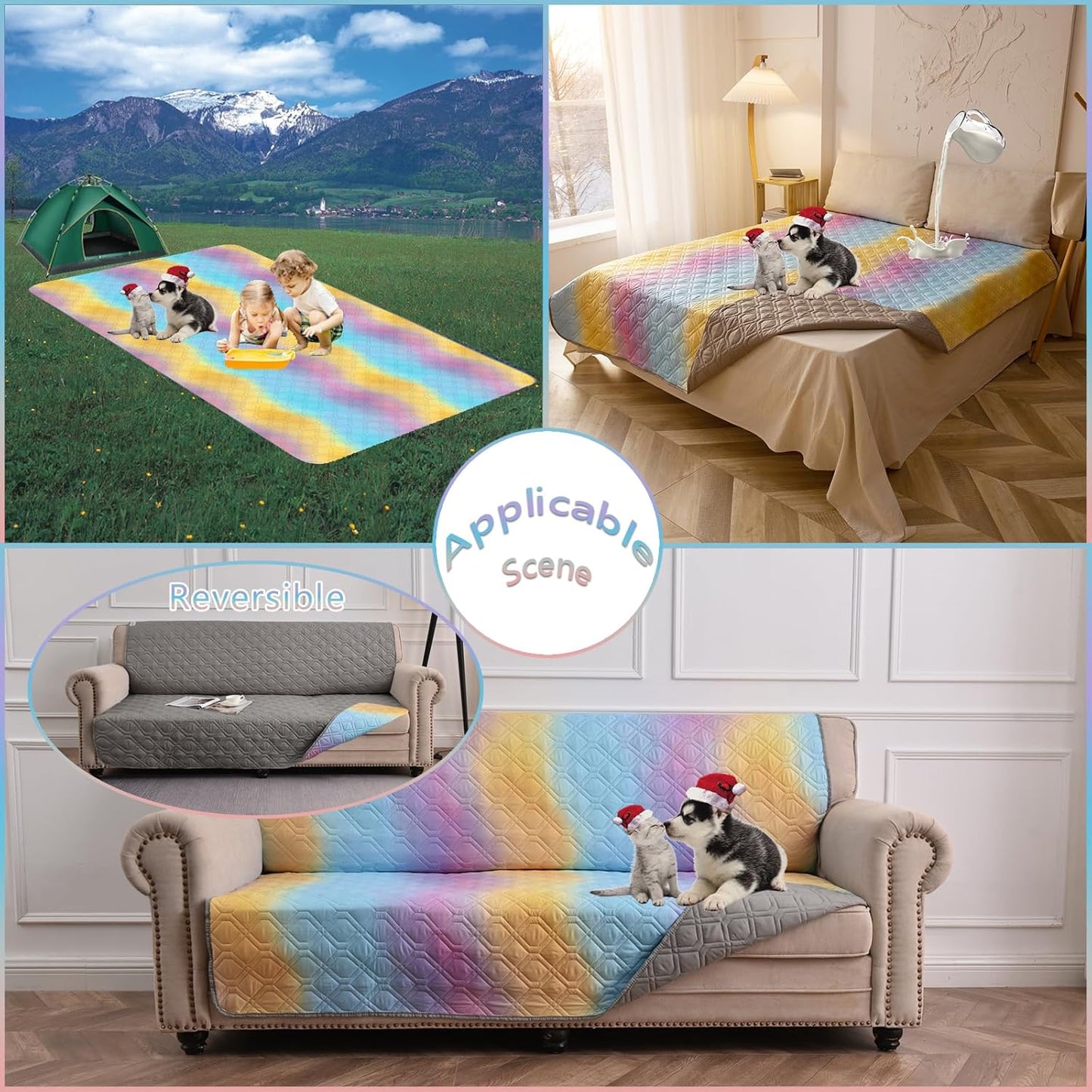 100% Waterproof Dog Bed Cover 102x82 inch Reversible Changing Pad Reusable Camping Mat for Kids/Pet/Dog/Cat Washable Geometric Embroidery Blanket Patchwork Rainbow Ombre Printed+Gray