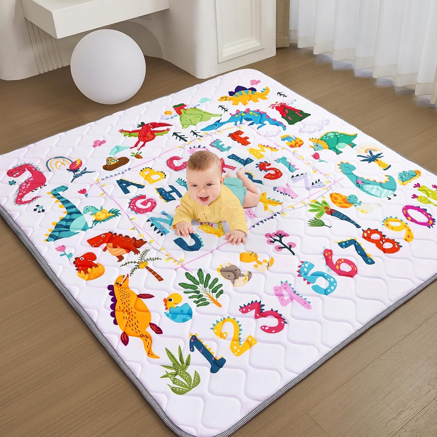 Baby Play Mat - Thicken 50x50 Inch Soft Foam Crawling Mat for Playpen & Floor, Non-Slip Waterproof Playmats for Infants & Toddlers, Portable Foldable & Machine Washable, Dinosaur & Letters
