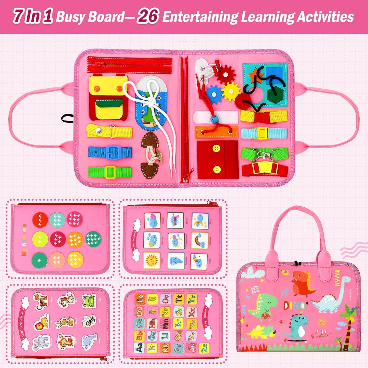 Qizfun Busy Board Montessori Toy for 1 2 3 4 Years Old, Educational Activity Sensory Board Preschool Learning Fine Motor Skills Toys, Toddler Travel Toy for Plane Car, Gift for Boys Girls (Pink/P4)