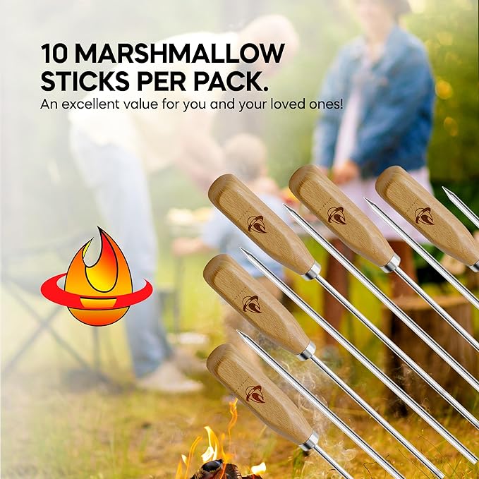 Marshmallow Sticks for Fire Pit - 34" Extra Long Roasting Smores Stick - Campfire Metal Skewers Roast Hot Dog Corn BBQ Utensil Holder Kit Outdoor Camping Accessories with Wooden Handle (10-Pack)