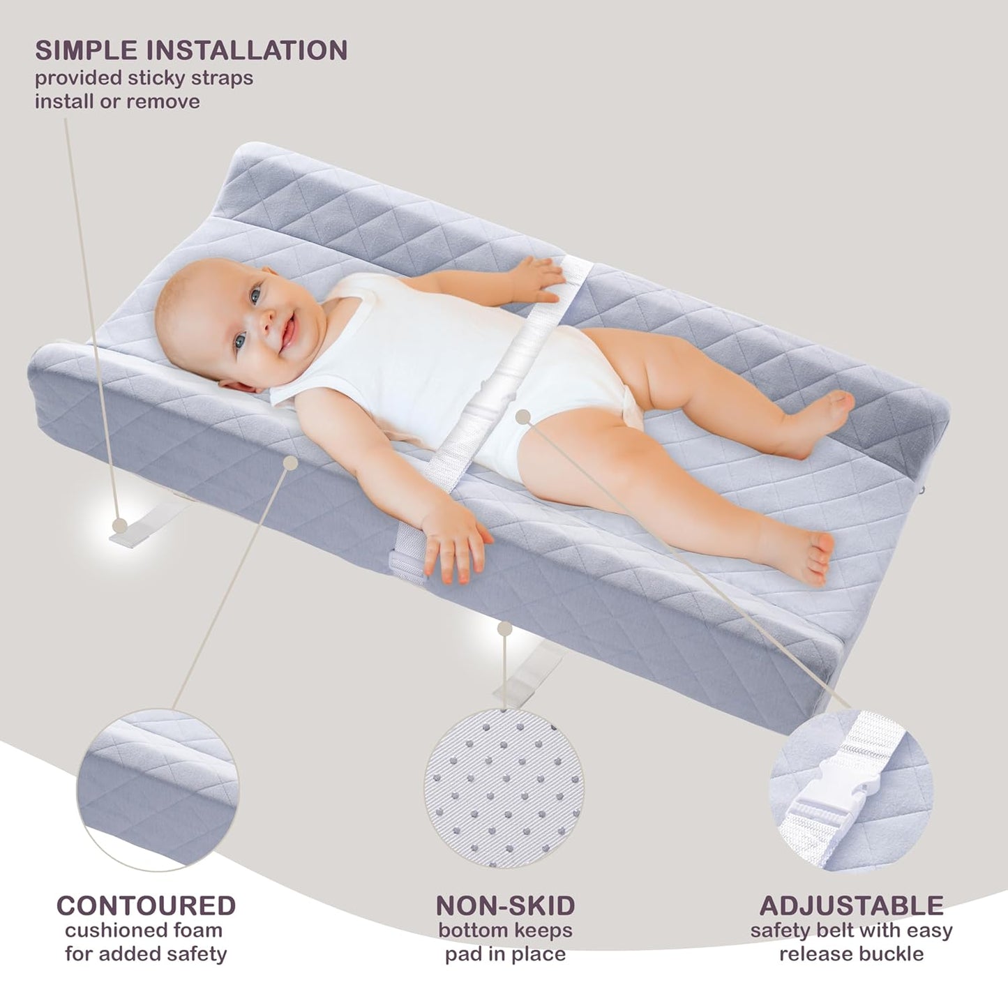 Organic Cotton Contoured Baby Changing Pad w/Waterproof Foam Mattress, Includes Soft, Removable & Washable Cover, Safety Strap, Non-Slip Bottom, Topper for Standard Size Infant Diaper Table & Dresser