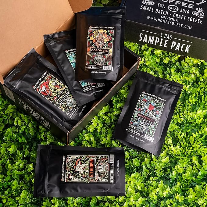 Bones Coffee Company NEW World Tour Sample Pack, Single-Origin Flavored Coffee Medium Roast Arabica Beans Specialty Coffee Gifts Compatible Auto Drip and French Press, 4 oz Pack of 5 Whole Bean