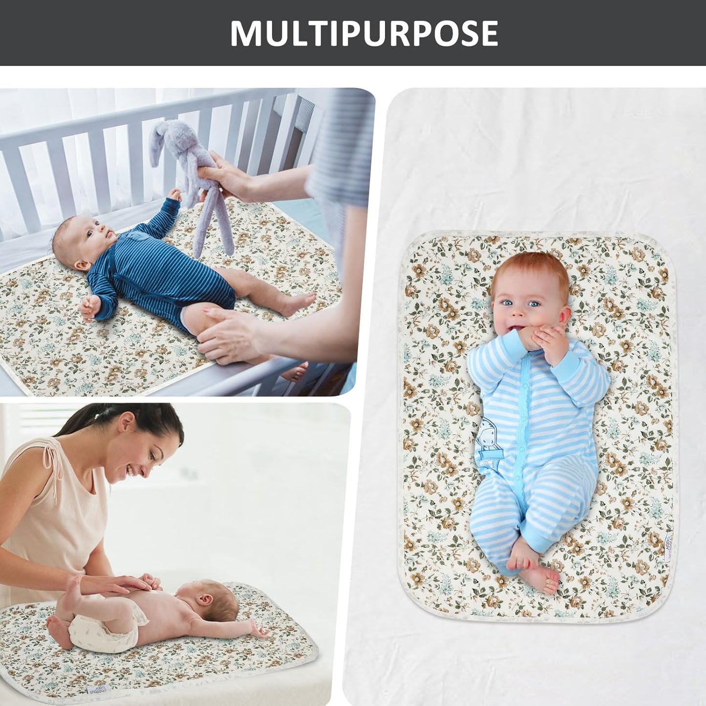 Baby Diaper Changing Pad, 21 5/8" x 31.5" Waterproof Changing Pad Liners - Reusable Soft and Absorbent Portable Changing Mat(Blue Flower1PCS)