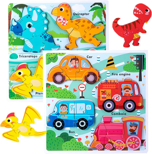 Wooden Puzzles for Toddlers 2-4 ，Vehicle & Dinosaur Toddler Puzzles Age 2-3，Toddler Toys for 2 3 Years Old Girls Boys，Montessori Learning Gifts for 2-3