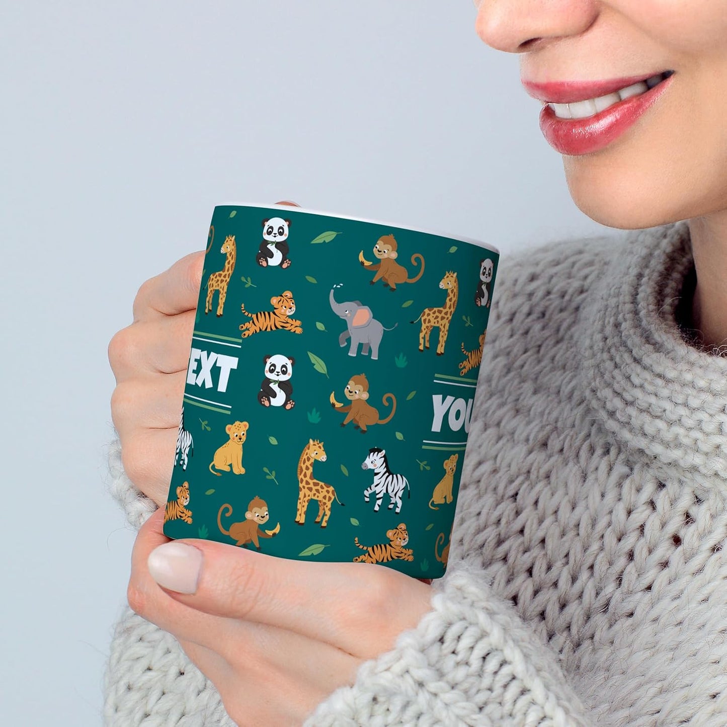 Personalized Mug for Kids - Zoo Animals - Custom Name/Text, Ceramic Hot Chocolate/Cocoa/Coffee Cup for Boys/Girls, Birthday/Christmas/Holiday Gift - 15 oz, Black Handle