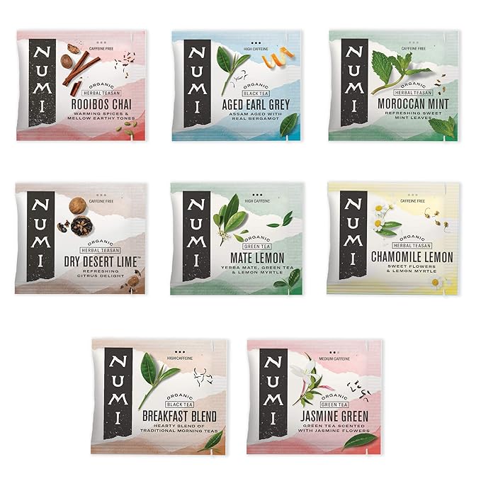 Numi Organic Tea Numi's Collection Variety Pack, 16 Tea Bags, Black, Green, White, Pu-erh, Maté, & Herbal, Packaging May Vary