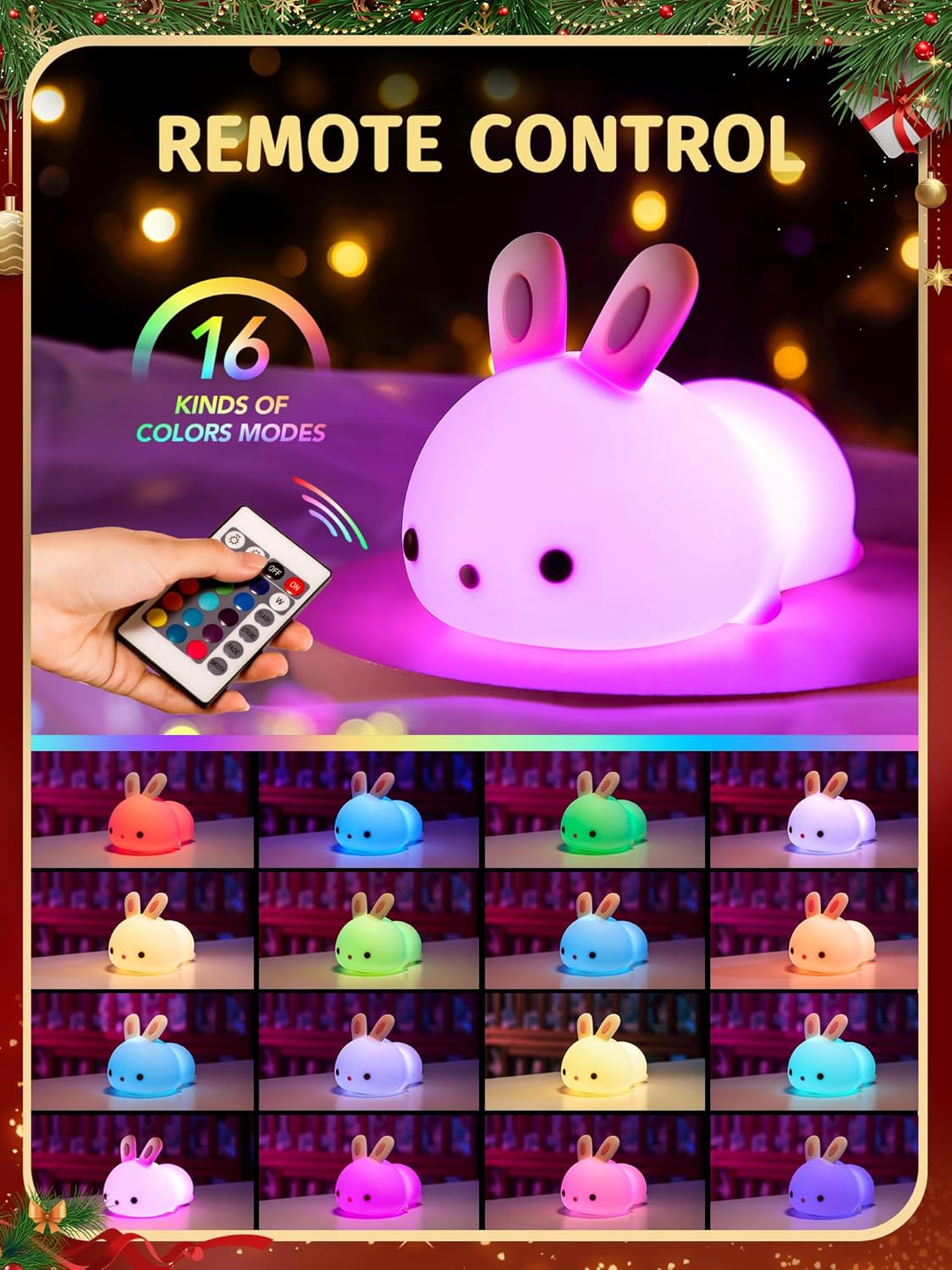 【Gifts Package】 Bunny Night Light for Kids Lamp, 16 Colors & Remote Rechargeable Kids Night Lights for Bedroom, Cute Gifts for Girls Gifts for Women