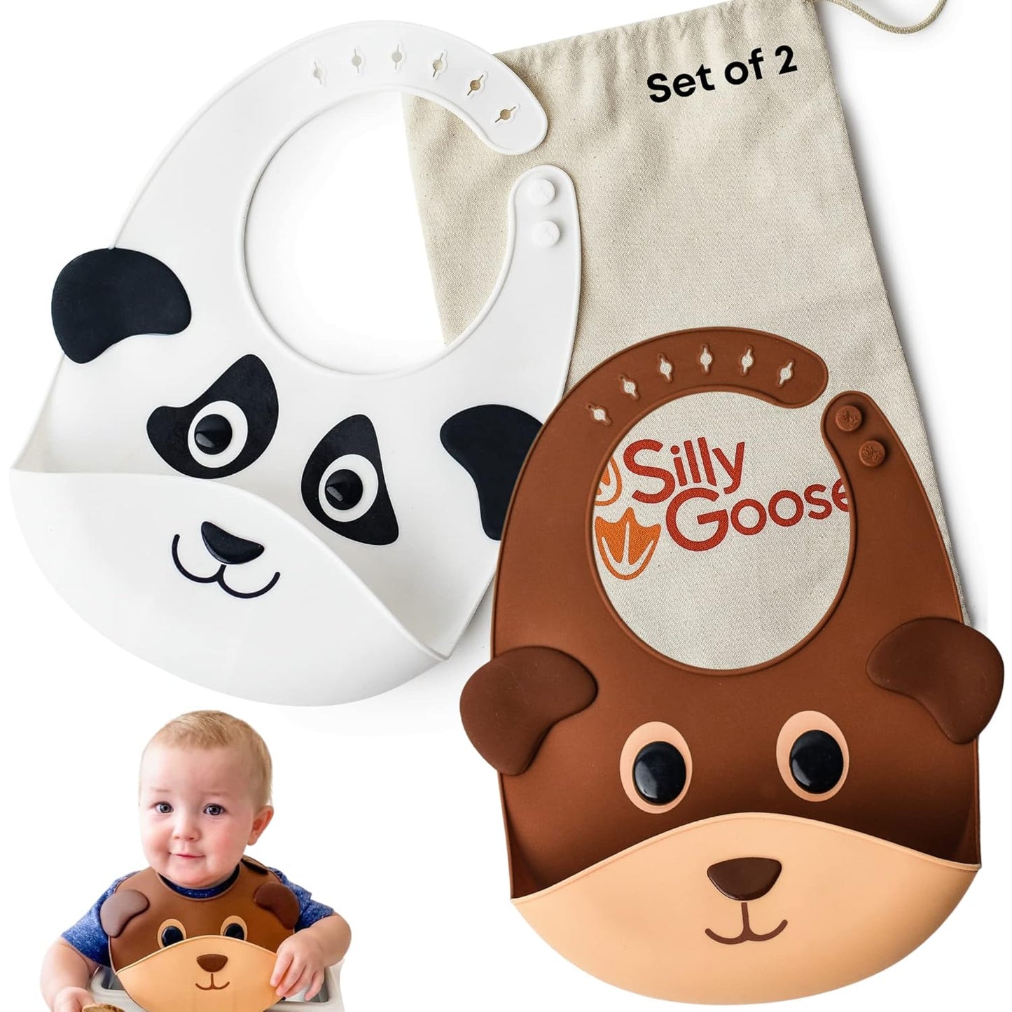 Silly Goose Set of 2 Silicone Animal Baby Bibs for Babies and Toddlers, Waterproof, Adjustable, Soft, Extra Wide Food Catcher Pocket (2PK Panda+Bear)