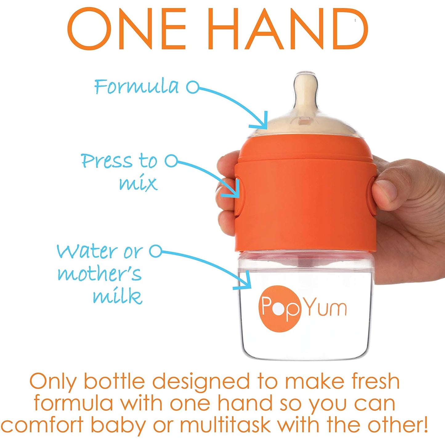 PopYum 9 oz Orange Anti-Colic Formula Making/Mixing/Dispenser Baby Bottles, 3-Pack with #2 Medium Flow Nipples, 260 ml, BPA-Free, Natural Latch