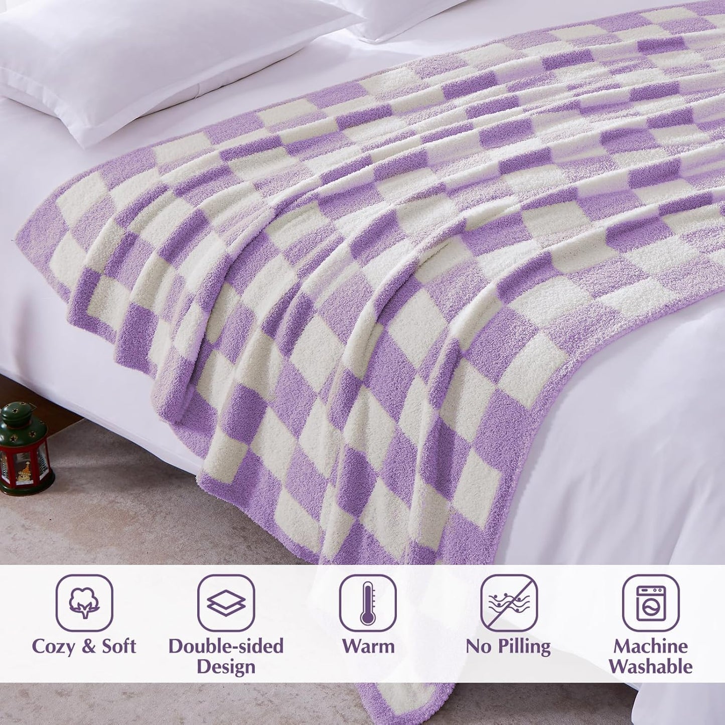 WRENSONGE Checkered Throw Blanket, Purple Soft Cozy Fluffy Warm Hand Made Throw Blankets for Couch, Sofa, Chair, Bed, Camping, Picnic, Travel Lightweight Bed Blanket - 60"*80"