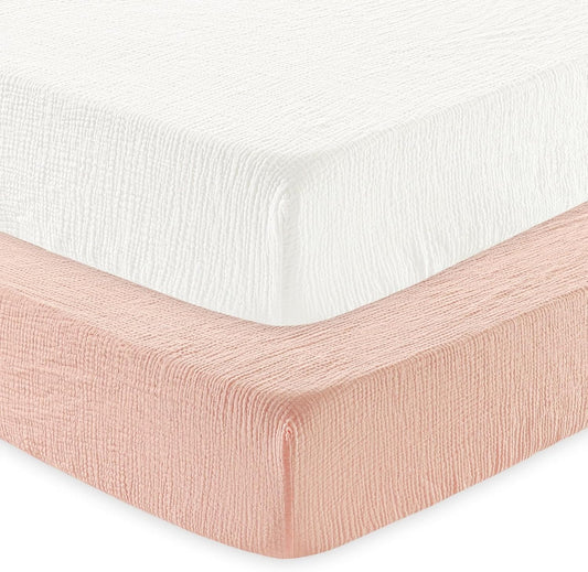 david's kids Muslin Crib Sheets for Boys Girls, 2 Pack 100% Cotton Soft Breathable Fitted Baby Sheet Set, 28x52 Inch Fits Standard Crib and Toddler Mattresses, Snow White & English Rose