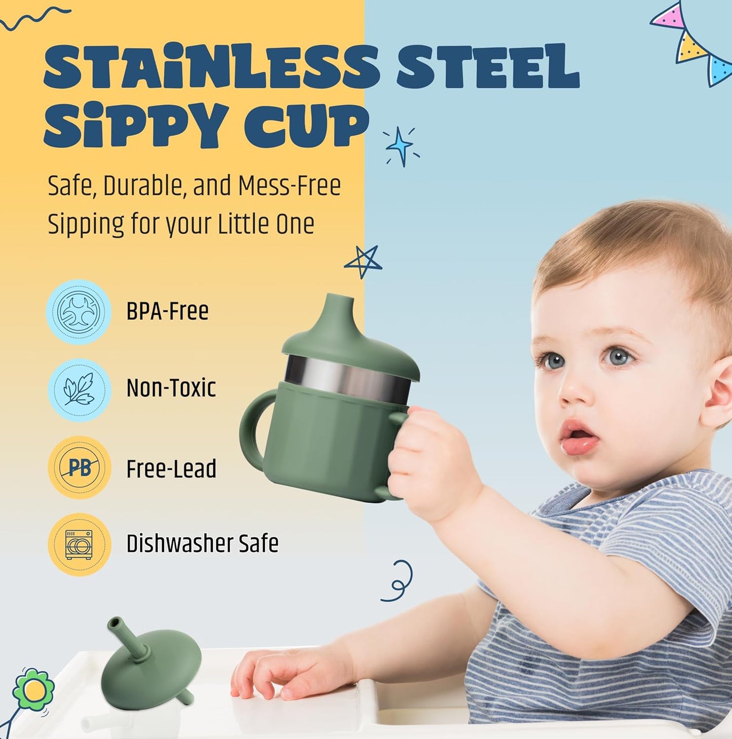 Jumble Dream Baby Sippy Cup, 100% Silicon Training Stainless Steel Kids Cups with Silicon Straw, Toddler Tumbler with Straw Spill Proof | 6 Month Plus Toddler Sippy Cup | BPA Free