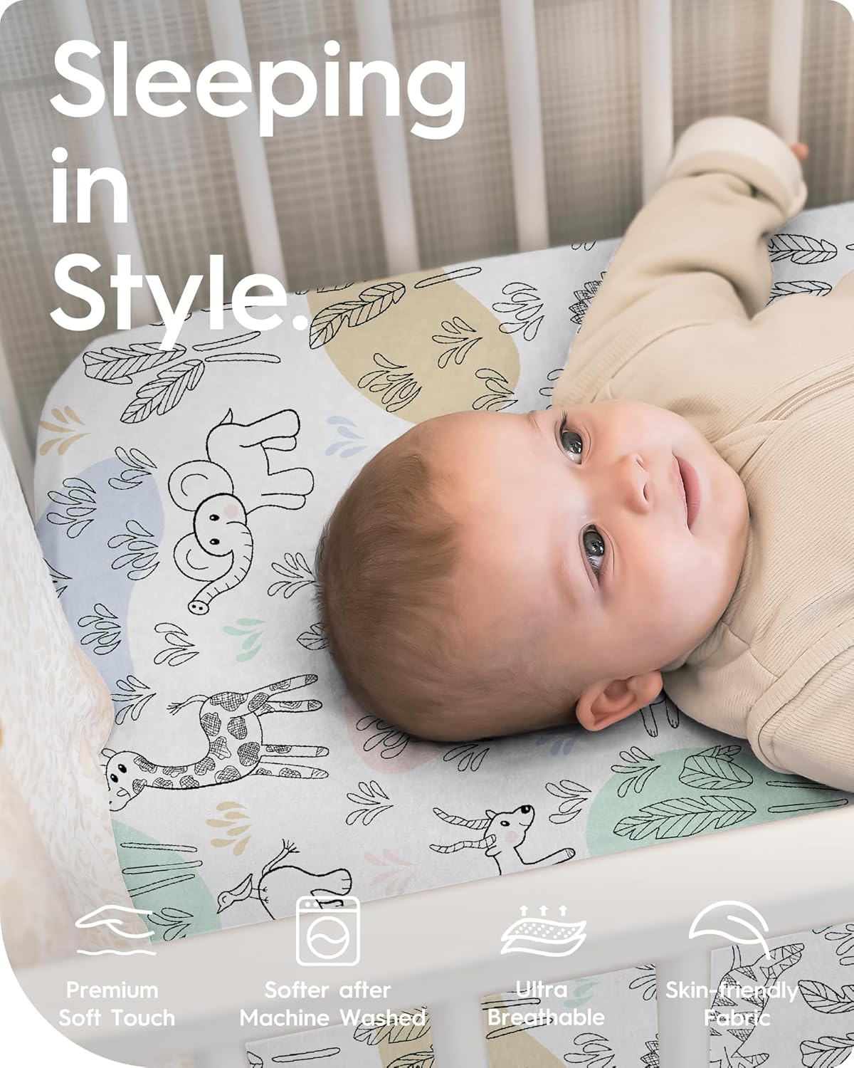 Mini Crib Sheets Boy Girl, Ultra Soft Pack N Play Sheets Fitted, Neutral Pack and Play Mattress Sheets, Premium Jersey Knit Portable Crib Sheets, Secure and Cute, Elephant & Cartoon Safari