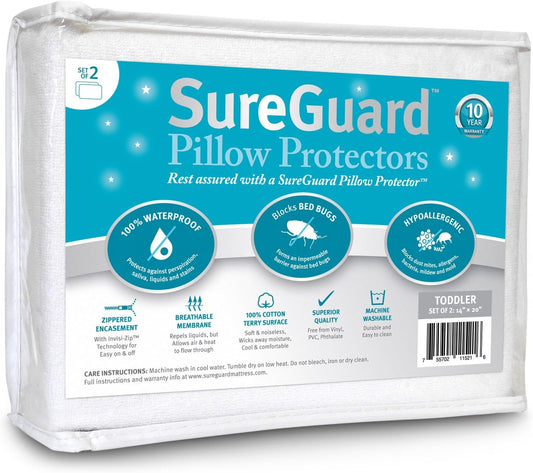 Set of 2 Travel Size SureGuard Pillow Protectors - 100% Waterproof, Bed Bug Proof, Hypoallergenic - Premium Zippered Cotton Terry Covers