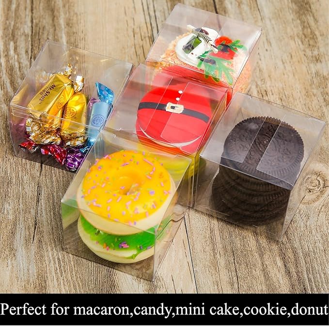 TEMLQPACK 50 Pack 2x2x2 Inch Plastic Macaron Boxes for 2 Clear Plastic Small Gift Boxes Treat Boxes Hot Chocolate Bomb Boxes Pastry Boxe Candies Boxes Birthday Wedding Party Favor