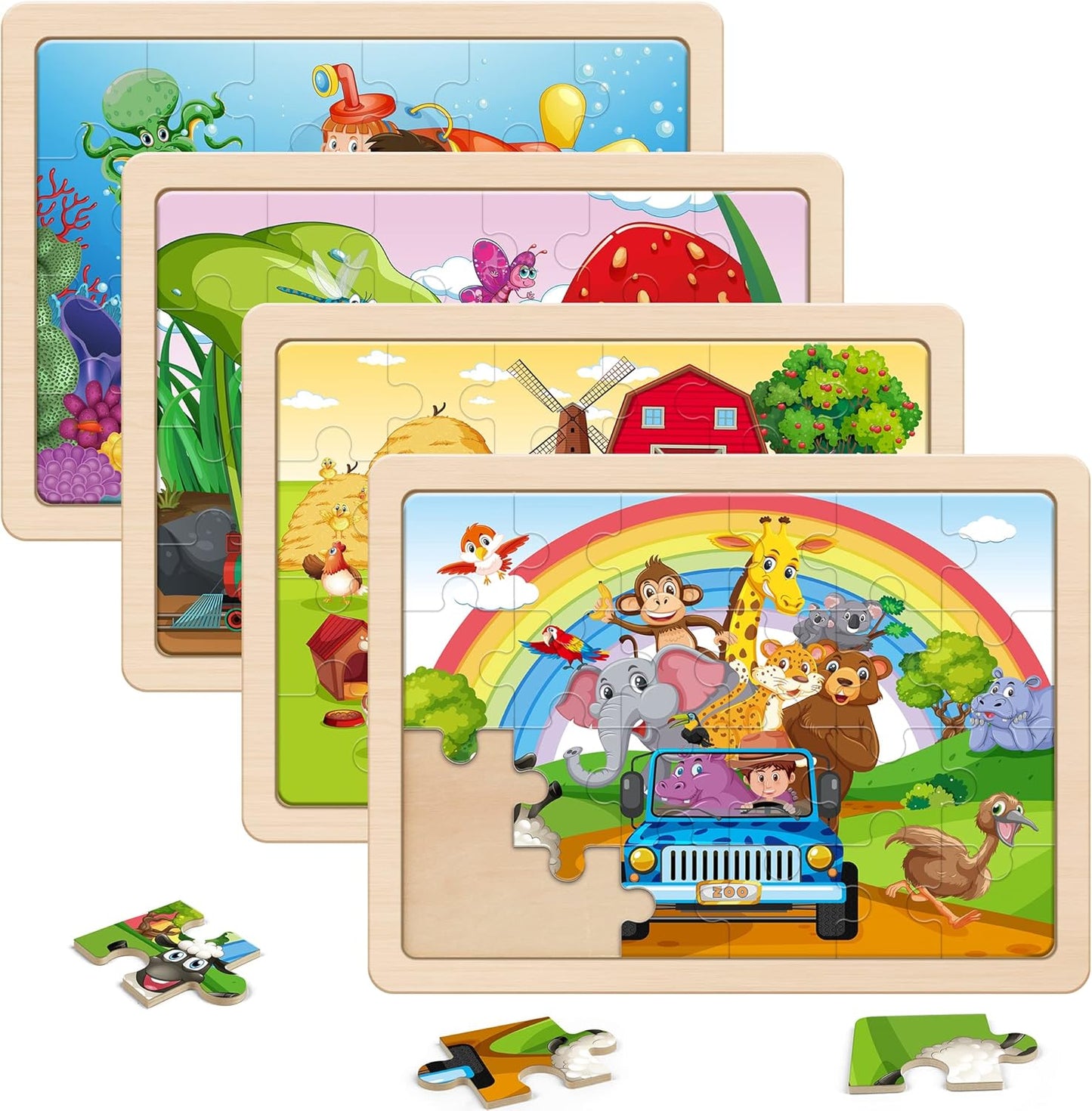 SYNARRY Large Animals Wooden Puzzles for Kids 4 in 1 Gift Box(12.2 * 9.4 in) - FSC Certified, Jigsaw Puzzles for Toddlers 3-5, Puzzles for Kids Ages 4-6, Wood Toys Gifts for 3 4 5 Year Old Boys Girls
