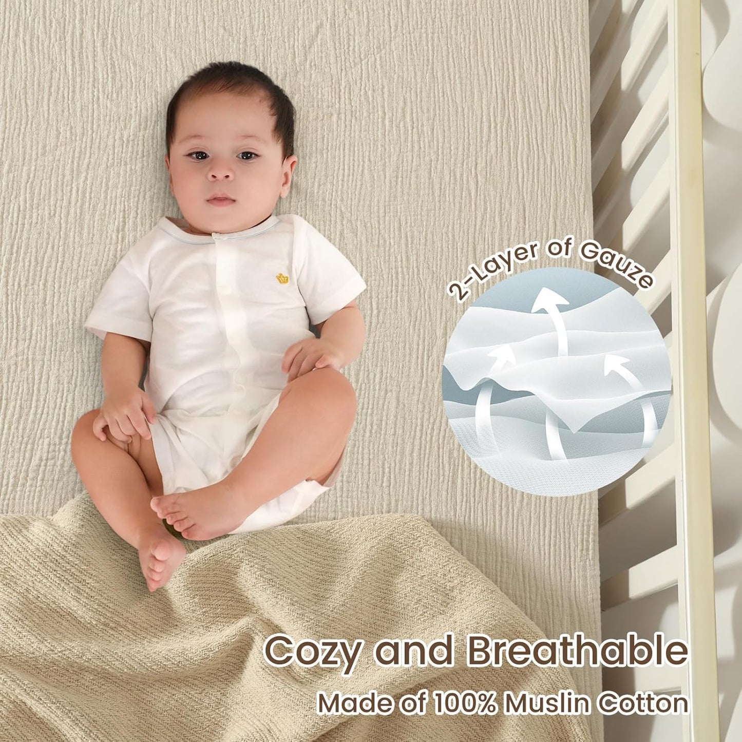 david's kids Muslin Mini Crib Sheets, 2 Pack Cotton Pack N Play Sheets for Boys Girls Neutral, Soft Breathable Baby Sheets Fit Pack N Play, Playard and Mini Crib Mattresses, Oat Milk & Sage Green