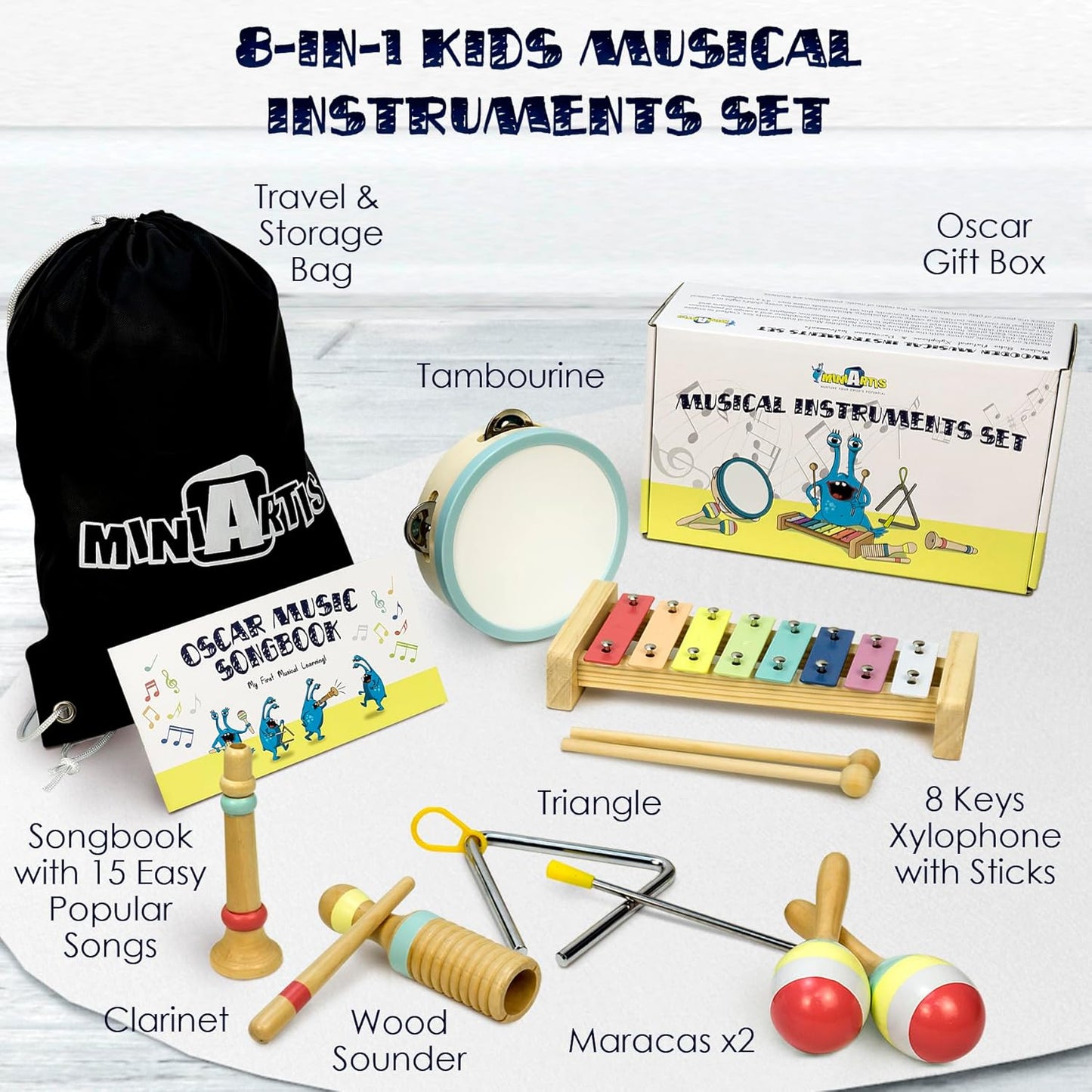 MINIARTIS Baby Musical Instruments Set - Montessori Musical Toys for Toddlers 1-3 | Modern Boho Kids Xylophone with Songbook | Neutral Colors Wooden Percussion Instruments | Preschool Educational 3+