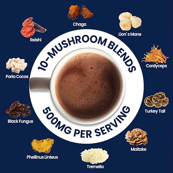 Mushroom Hot Chocolate for Calm, 50 Servings Cocoa Powder | 10 Mushrooms Supplements with Magnesium Glycinate, L-Theanine, Ashwagandha & GABA | Support Focus, Mood & Sleep | Vegan & Keto, Gluten-Free