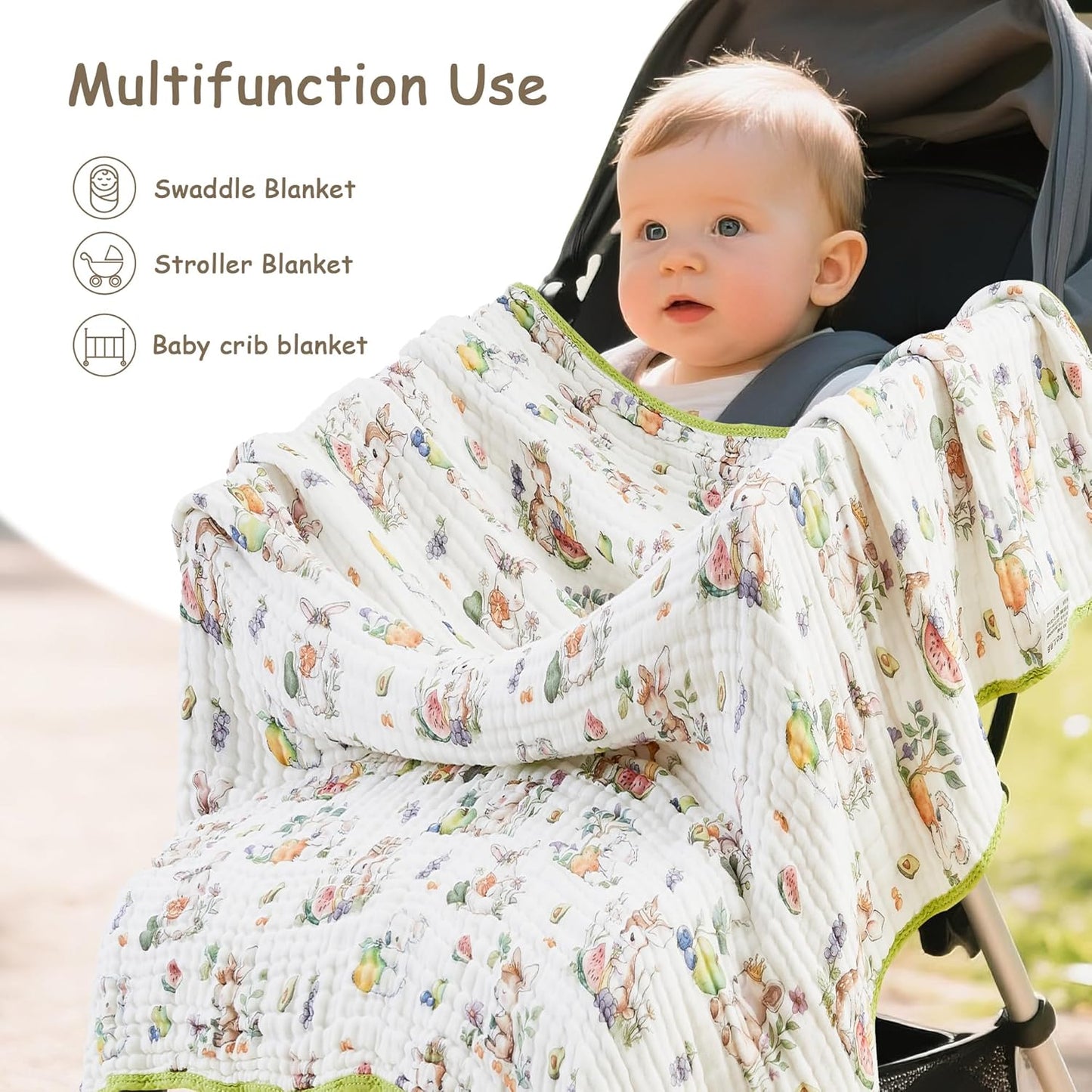 Luxury Muslin Baby Blanket, Soft Swaddle, 6-Layer Cotton Receiving Blanket for Newborn Infant, 43x43 Inch Lightweight Breathable Crib Blanket, Nursery Stroller Toddler Quilt, Animal Print