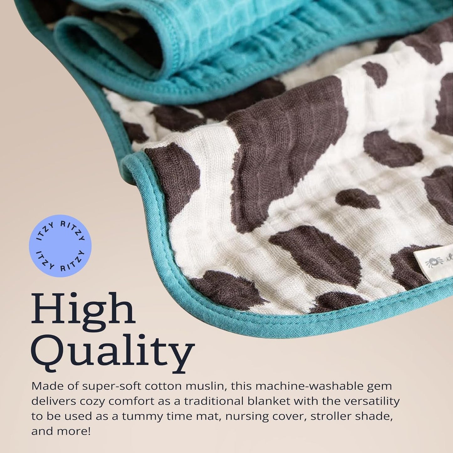 Itzy Ritzy Baby Blanket – Soft Cotton Muslin Multi-Use Blanket - Can Be Used as a Tummy Time Mat, Nursing Cover, Stroller Shade & More – Measures 30" x 40", Machine Washable (Cow Print)