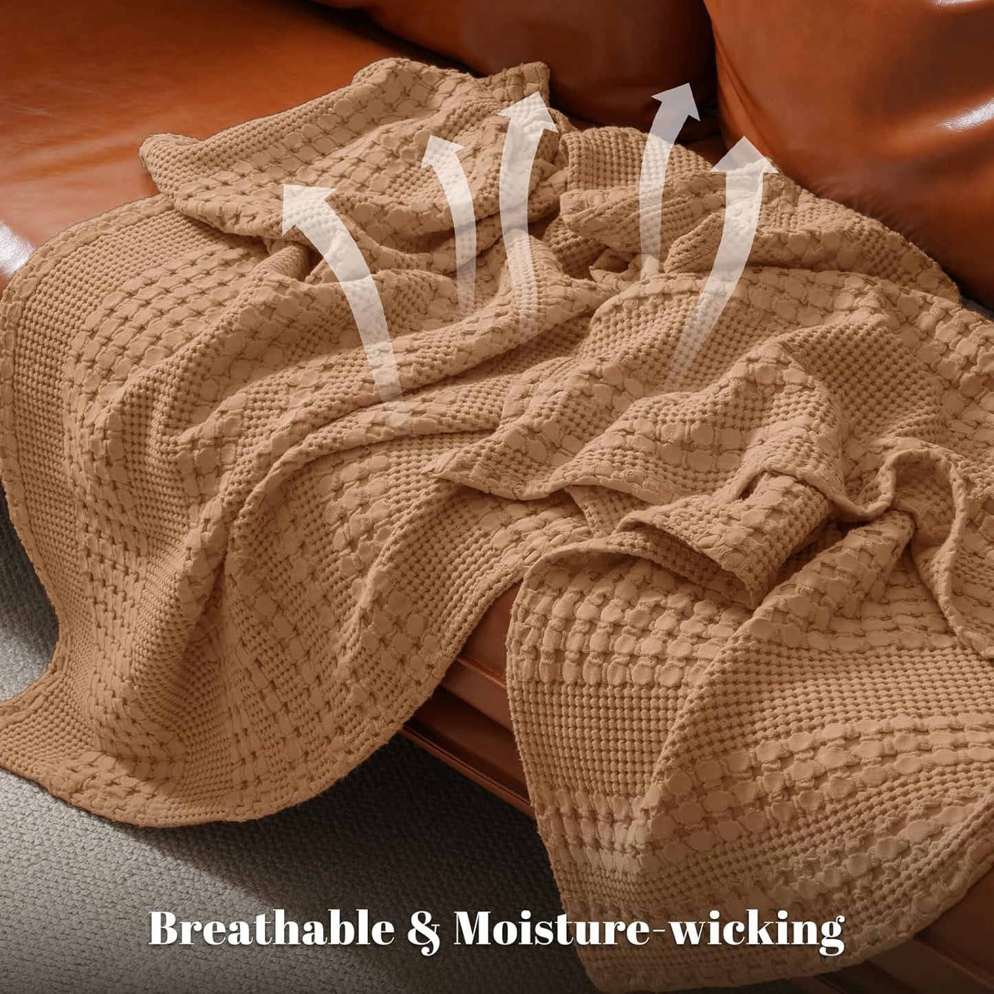 PHF 100% Cotton Waffle Weave Throw Blanket, Soft Lightweight Breathable Cozy Summer Throws for Couch Bed Sofa, Luxury Aesthetic Woven Blanket for Home Decor & Office, 50"x60", Camel
