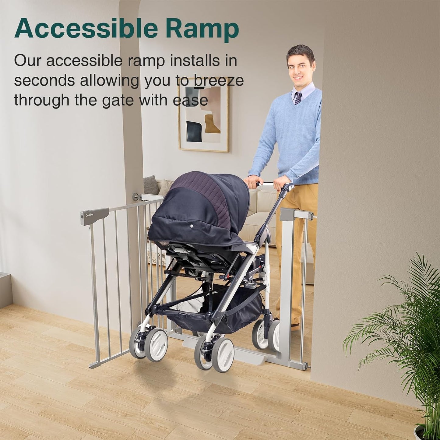 Cumbor 29.7-40.6" Baby Gate for Stairs, Mom's Choice Awards Winner-Dog Gate for Doorways, Pressure Mounted Self Closing Pet Gates for Dogs Indoor, Safety Child Gate with Easy Walk Thru Door, Silver