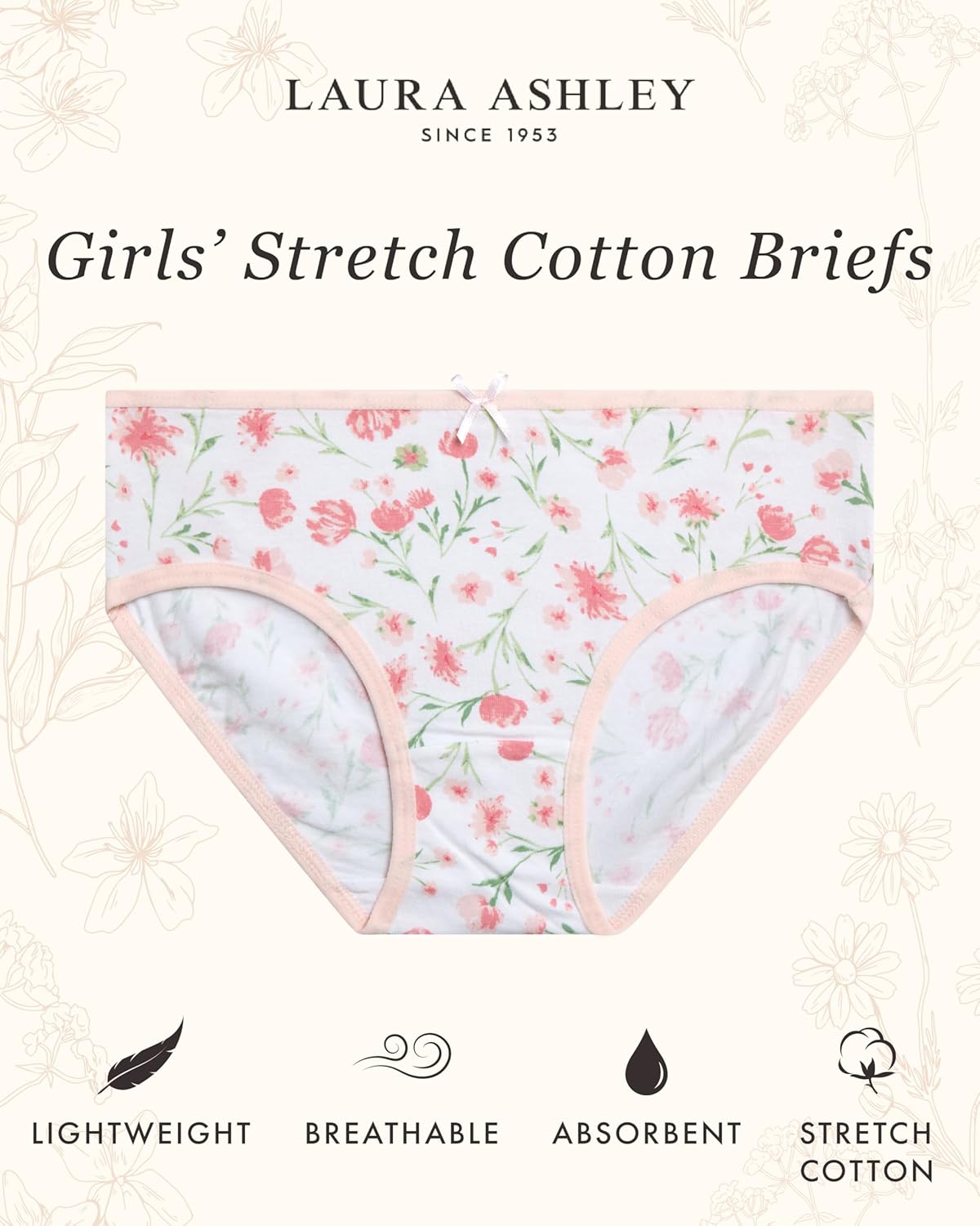 Laura Ashley Girls Underwear - 5 Pack Soft Stretch Breathable Panties for Girls - Lightweight Cotton Panties (Size: 4-12)