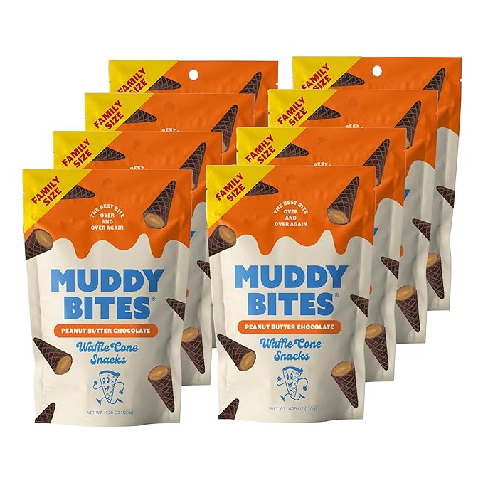 Muddy Bites Waffle Cone Snacks Bite Sized Chocolate Filled Cones for Dessert, Ice Cream Topping, Premium, Kosher(Peanut Butter Chocolate, 8 Bags)