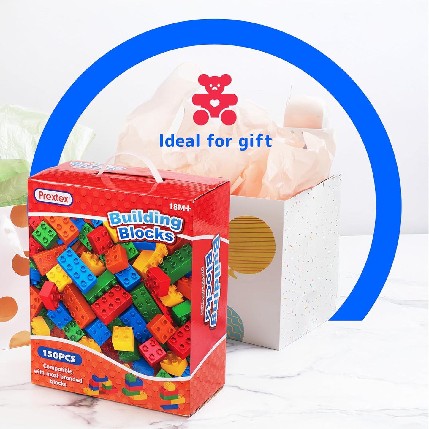 PREXTEX 150-Piece Building Blocks Set for Kids - 5-Color Building Bricks for Toddler Development, Creativity, and Motor Skills - Toys for Boys and Girls - Compatible with Major Brands