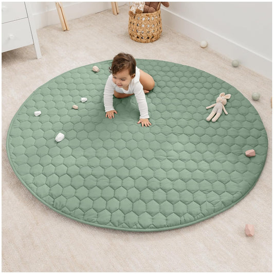 Comfy Cubs Round Kids Play Mat - Large 60 inches Soft Quilted Baby Floor Mat with Non-Slip Bottom - Plush Design for Toddlers' Playtime and Relaxation - Comfortable and Durable - Fern